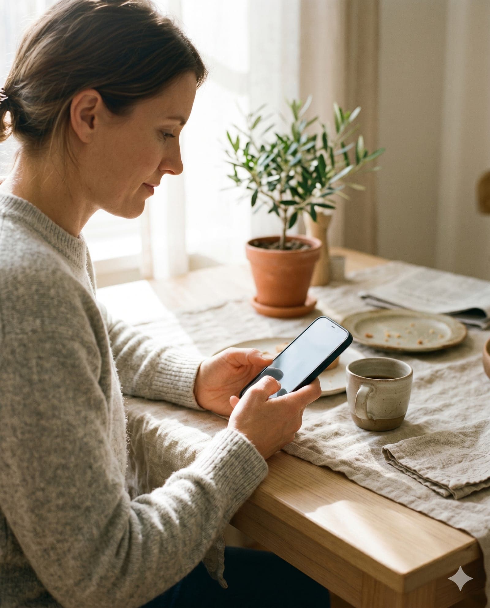 Une parente consulte calmement son téléphone à la table de la cuisine.